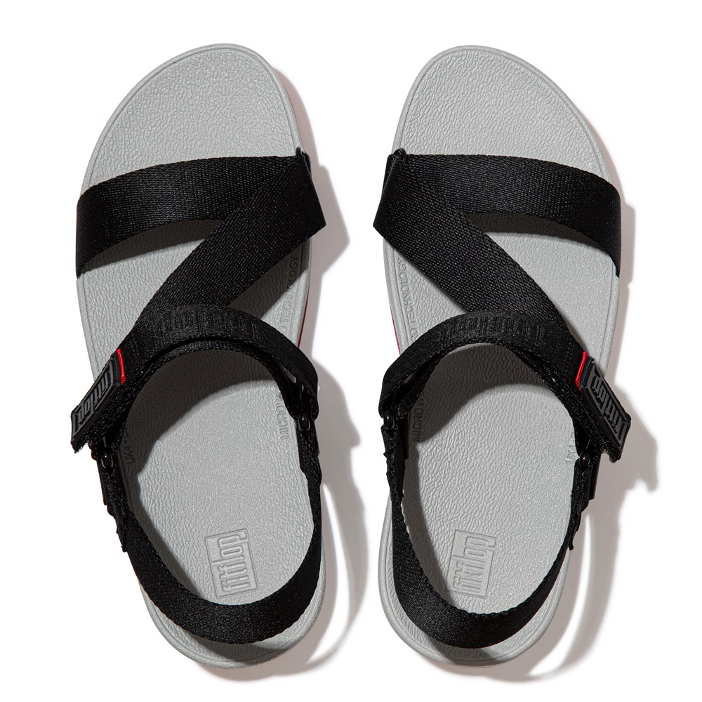 Fitflop Womens Sandals - Surfa Woven Logo Z-strap - Black/Grey - 437-PIGUHS